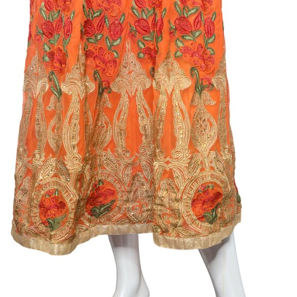 Stunning Orange & Gold Embroidered Anarkali Gown Indian Dress Suit Wedding - Picture 6 of 16